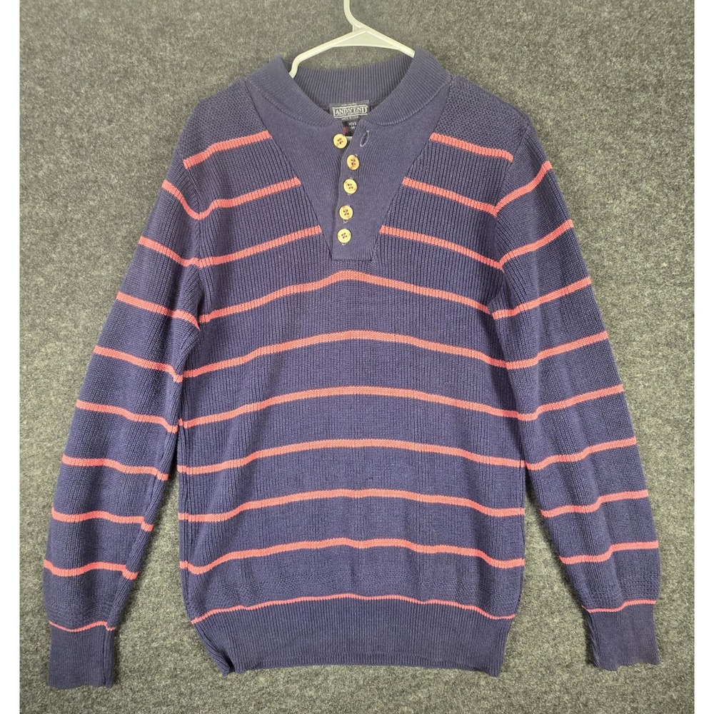 Vintage Lands End Mens Navy Red Stripe Knit Collared Pullover Sweater Size M